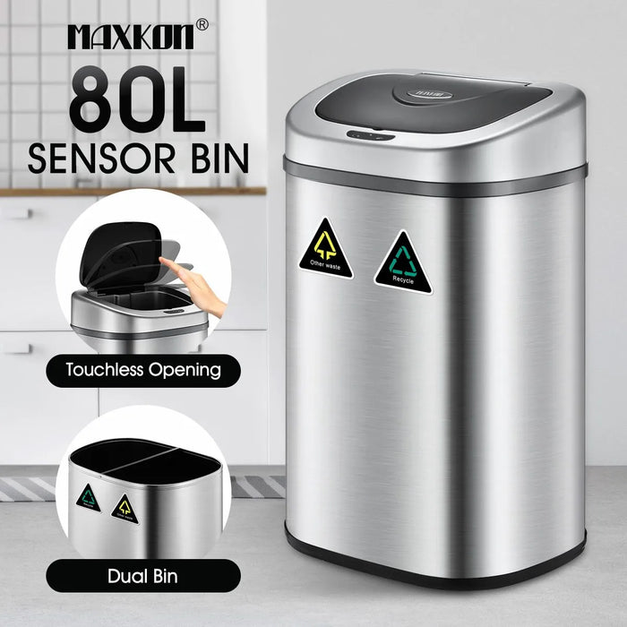 80L Dual Sensor Rubbish Bin Recycle Automatic Garbage Kitchen Waste Trash Can Stainless Steel Maxkon