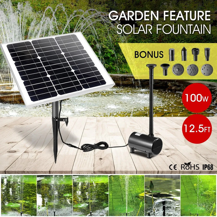 100W Solar Powered Fountain Water Pump for Birdbath Fish Pond Garden Pool