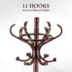 Wooden Coat Rack Stand 12 Hooks Freestanding Hall Tree Hanger Organiser for Clothes Hat Jacket Umbrella Walnut Brown